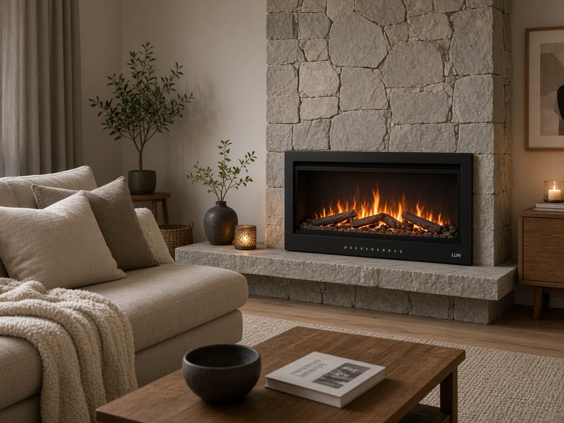LUN Electric Fireplace Heater by LUN in a Scandinavian home setting